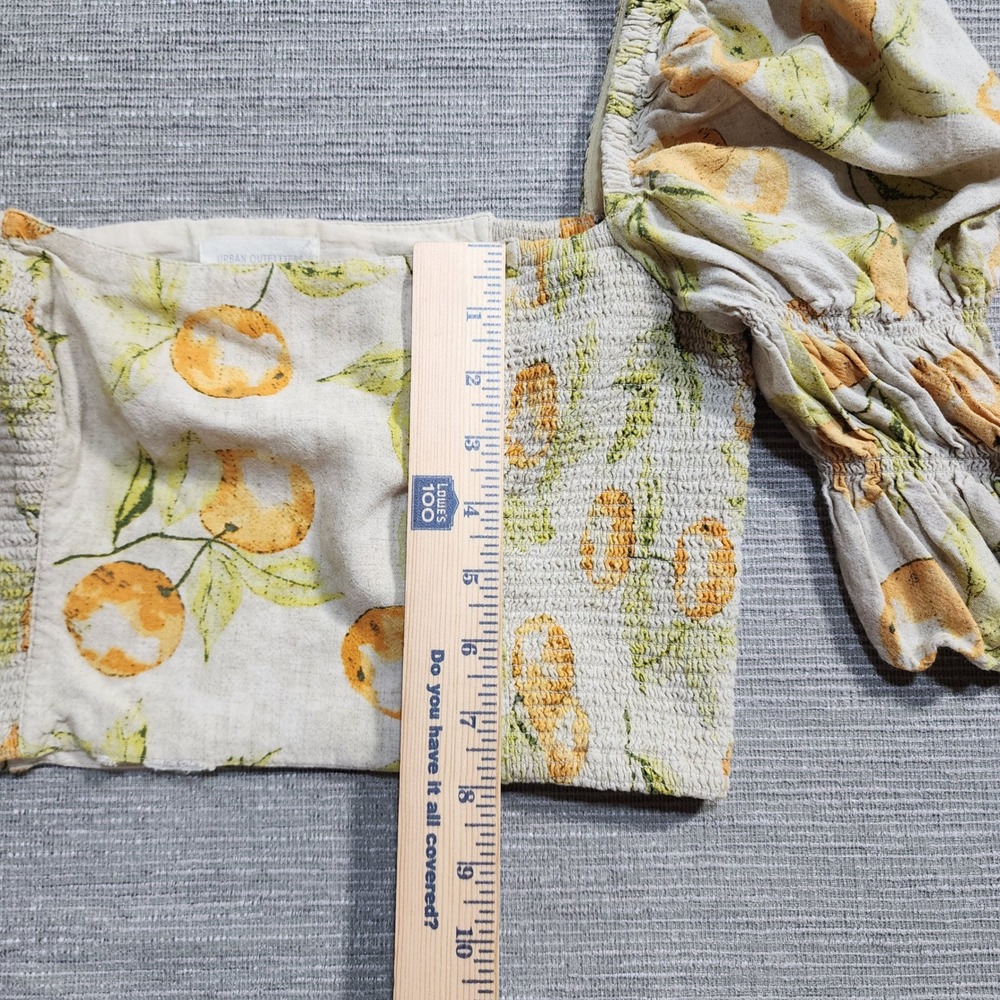 Urban Outfitters Orange Citrus Print Smocked Crop Top Puff Sleeve Linen Blend M - Picture 5 of 11